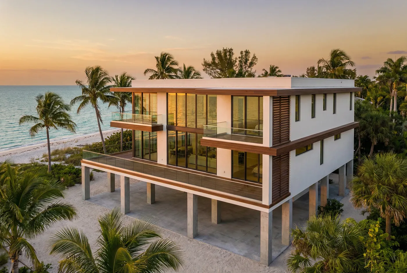 Modern elevated coastal home on pilings at sunset â€” Southwest Florida coastal residential engineering